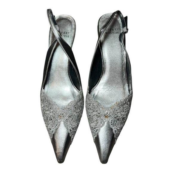 Stuart Weitzman Lace Elegant Silver Slingback Heels 8.5 Feminine Pointed Toe - Picture 3 of 10
